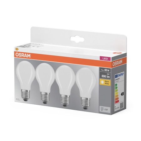 4x LED žárovka A60 E27 6,5W = 60W 806lm 2700K teplá bílá 300° BASE Osram