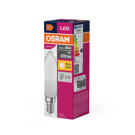 LED žárovka B37 Candle E14 4,9W = 40W 470lm 2700K Warm 180° VALUE CLASSIC Osram