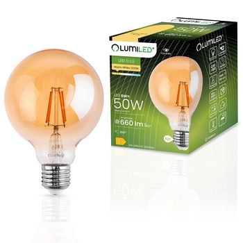 Žárovka Dekorativní Kulka LED E27, G95 6W = 50W 660lm 2000K Teplá bílá 360° Filament Globe Amber LUMILED