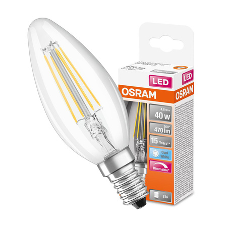 E14 B35 LED žárovka 4.8W = 40W 470lm 4000K Neutrální bila 300° vlákno OSRAM SUPERSTAR Stmívatelné