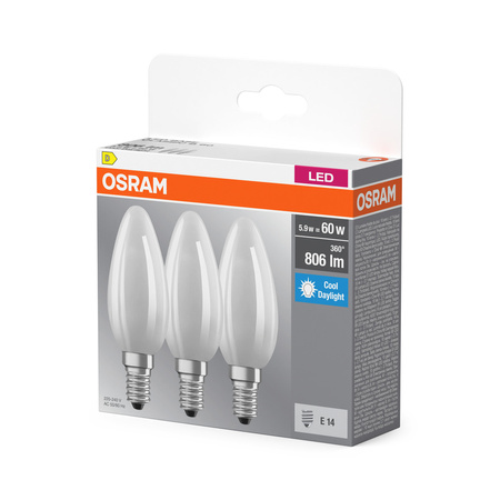 3x LED žárovka B35 Candle E14 5,9W = 60W 806lm 6500K Cold 300° BASE Osram