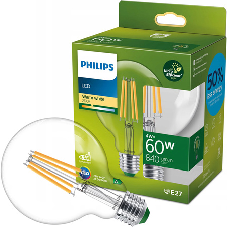 Globe LED žárovka E27 G95 4W = 60W 840lm 2700K Teplá bílá Filament PHILIPS Ultra Efficient