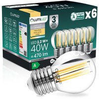 6x LED žárovka E27 kapka P45 2,2W 470lm = 40W 2700K teplá bílá 360° Filament energetická třída A LUMILED