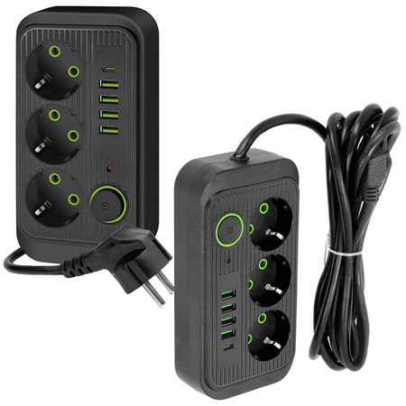 Prodlužovací kabel KOBI LINEA PRO 3x230V 3m Uzemnění, spínač a 5xUSB černý