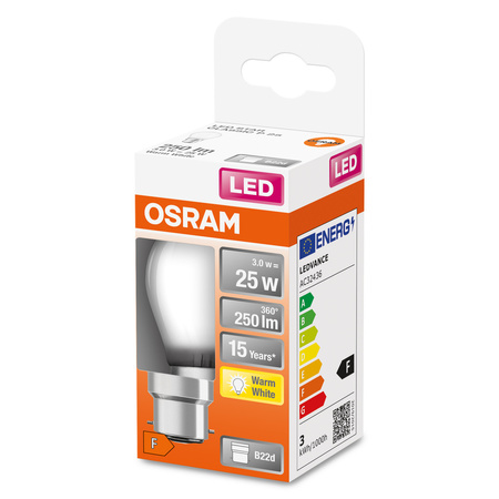 LED žárovka P45 Ball B22d 2,5W = 25W 250lm 2700K Warm 300° Retrofit Filament CLASSIC Osram