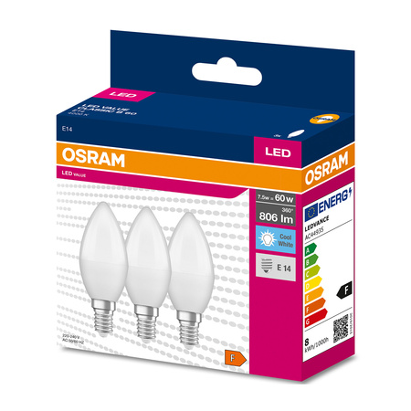 3x LED žárovka E14 B35 7W = 60W 806lm 4000K Neutrální bila 200° OSRAM HODNOTA