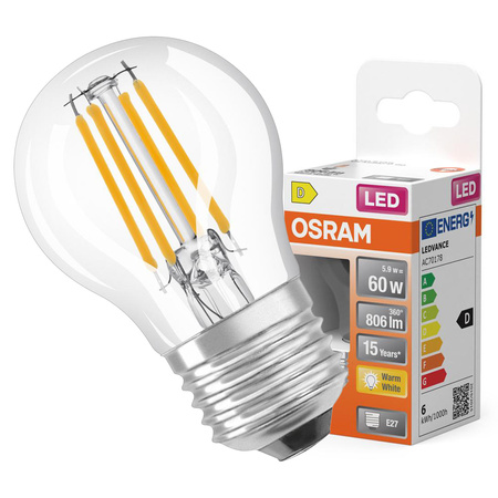 LED žárovka E27 P45 6W = 60W 806lm 2700K Teplá bílá 300° vlákno OSRAM STAR