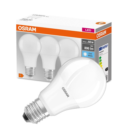 3x LED žárovka E27 A60 8.5W = 60W 806lm 4000K Neutrální bila 300° OSRAM