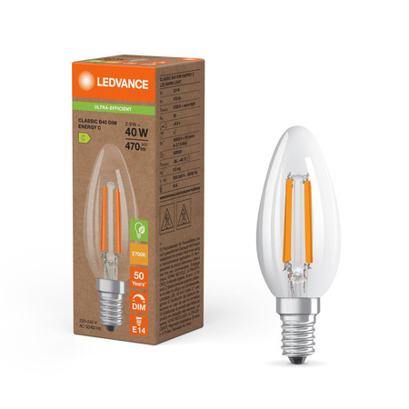 LED žárovka E14 B35 2,9W = 40W 470lm 2700K teplá bílá 300° Dimmable Ledvance