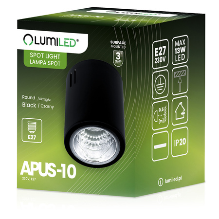 Povrchové svítidlo E27, TUBA SPOT Stálá Kulatá Černá APUS 10 LUMILED