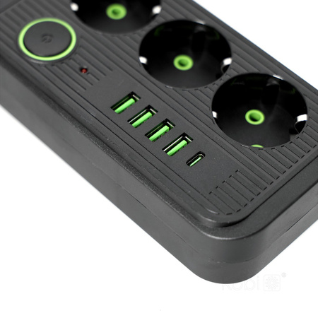 Prodlužovací kabel KOBI LINEA PRO 3x230V 3m Uzemnění, spínač a 5xUSB černý