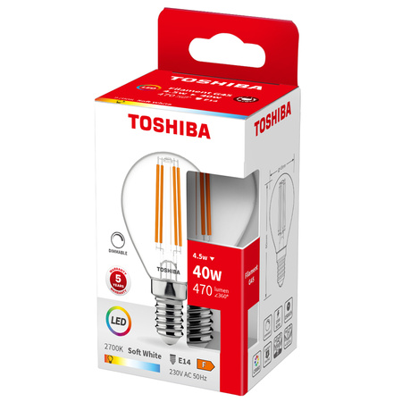 LED žárovka E14 G45 4,5W = 40W 470lm 2700K teplá bílá Filament Stmívatelná TOSHIBA