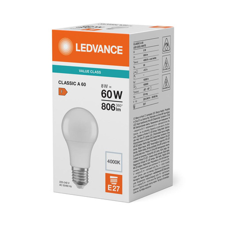 LED žárovka A60 E27 8,5W = 60W 806lm 4000K neutrální bílá LEDVANCE