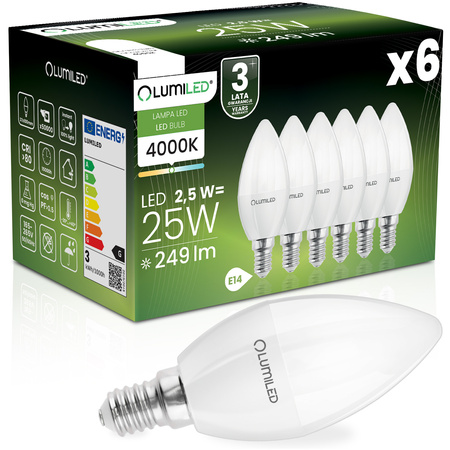 6x Žárovka LED Svíčka B35, E14 2.5W = 25W 249lm 4000K Neutralní bílá 180° LUMILED