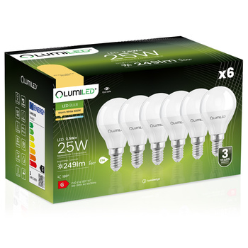 6x LED žárovka E14 P40 2.5W = 25W 249lm 3000K Teplá bílá 180° LUMILED