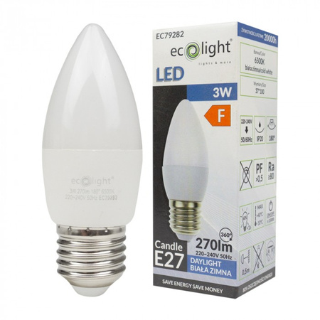LED žárovka svíčka B37 E27 3W 270lm 6500K studená bílá Ecolight