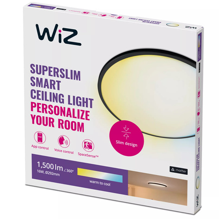 Plafond LED stropní svítidlo pro povrchovou montáž 16W 1500lm 2700-6500K TW 29,2cm černé kulaté Smart SMART WiFi Bluetooth App Superslim WiZ