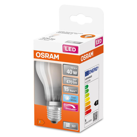 LED žárovka E27 A60 4,8W = 40W 470lm 4000K Neutrální 320° Stmívatelné vlákno OSRAM SUPER STAR