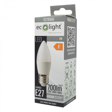 LED žárovka Candle B37 E27 7W 630lm 4000K Neutral Ecolight