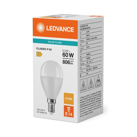 LED žárovka P45 E14 6,5W = 60W 806lm 2700K teplá bílá LEDVANCE