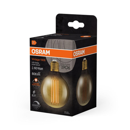 Dekorativní LED žárovka G80 Sphere E27 8,8W = 60W 806lm 2200K Warm 320° Filament Dimmable Vintage 1906 Osram