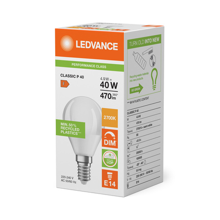LED žárovka kulová E14 P45 4,9W = 40W 470lm 2700K teplá 200° stmívatelná Ledvance