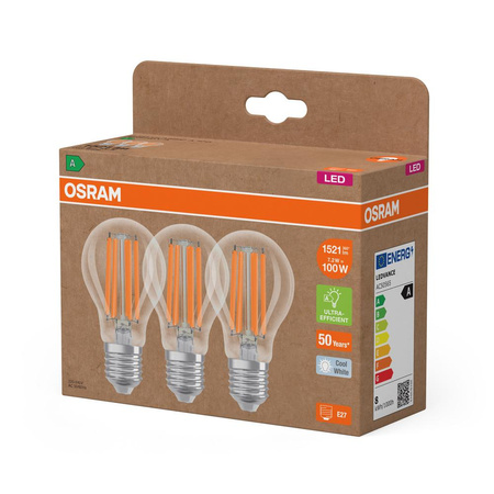 3x LED žárovka A60 E27 7,2W = 100W 1521lm 4000K Neutrální 320° vlákno CLASSIC ENERGETICKÁ ÚSPORNOST Osram