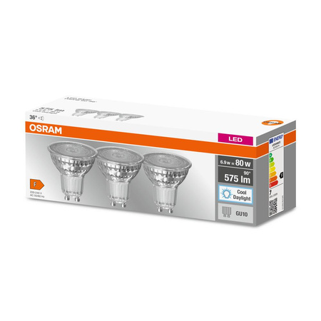 3x LED PAR16 Reflektor GU10 6,9W = 80W 575lm 6500K Cold 36° BASE Osram