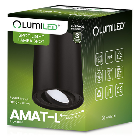 Povrchové Halogenové svítidlo GU10, SPOT TUBA 115mm Nastavitelná Kulatá Černá AMAT-L LUMILED