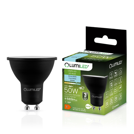 Žárovka LED GU10, 6W = 60W 580lm 6500K Studená bílá 120° Černá LUMILED