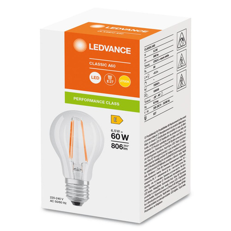 LED žárovka A60 E27 6,5W = 60W 806lm 2700K teplá bílá FILAMENT LEDVANCE