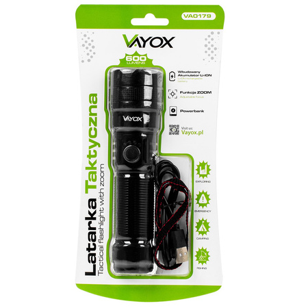 Dobíjecí LED taktická 600lm 10W ruční svítilna Výkonná ZOOM POWERBANK VA0179 VAYOX