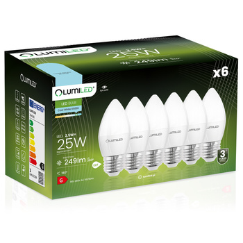 6x LED žárovka E27 B35 2.5W = 25W 249lm 6500K Studená bílá 180° LUMILED