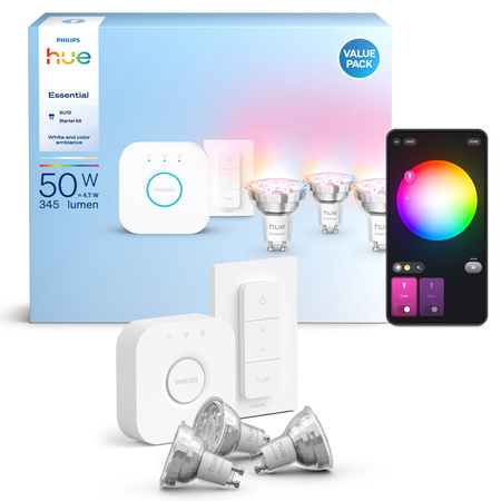 3x LED GU10 Reflector PAR16 4,7W = 50W 345lm 2200-6500K CCT + RGB SMART Smart Bluetooth ZigBee White and Color Ambiance + Bridge Bridge Philips HUE Starter Kit