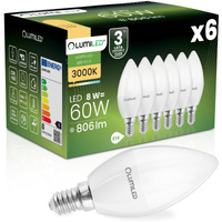 6x Žárovka LED Svíčka B35, E14 8W = 60W 806lm 3000K Teplá bílá 180° LUMILED