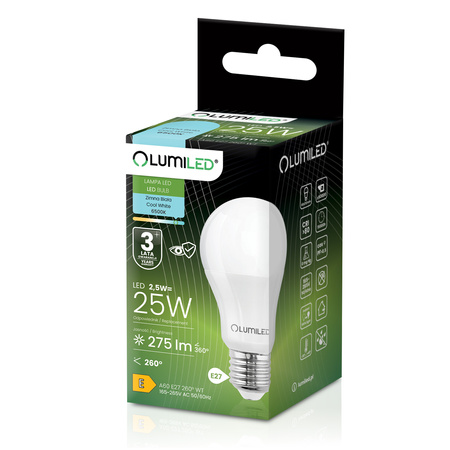 LED žárovka E27 A60 2,5W = 25W 275lm 6500K studená bílá 260° LUMILED