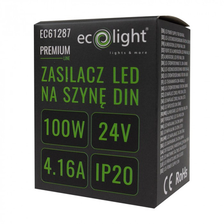 Napájecí zdroj na lištu DIN pro LED pásky 100W 24V 4,16A IP20 PREMIUM Ecolight