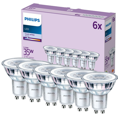 6x LED halogenové žárovky GU10 PAR16 3,5W = 35W 275lm 4000K Neutrál 36° PHILIPS