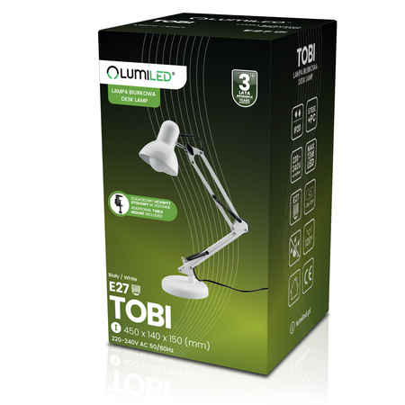 Stolní lampa E27, Bílá + držák na stůl TOBI LUMILED