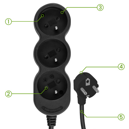 Síťový prodlužovací kabel s uzemněním 3 zásuvky 5m černý kabel Lendo Lumiled