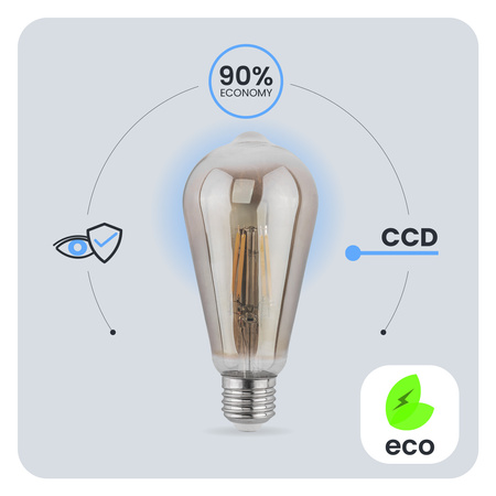 6x Žárovka LED Edison E27, ST64 6W = 50W 420lm 2200K Teplá bílá 360° Filament Smokey LUMILED