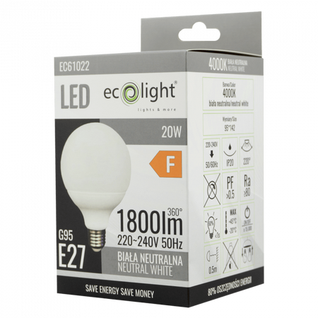 LED žárovka Sphere G95 E27 20W 1800lm 4000K Neutral Ecolight