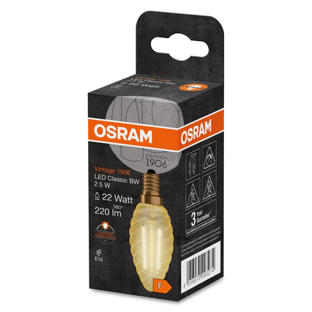 Dekorativní žárovka LED B38 Candle E14 2,5W = 22W 220lm 2400K Warm 300° Vintage 1906 Osram