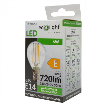 LED žárovka kapka P45 E14 6W 720lm 2700K teplá bílá FILAMENT Ecolight