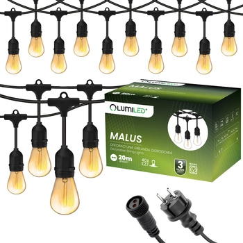 Venkovní řetěz 20m, 40x E27 Žárovky 1.3W 2200K MALUS LUMILED