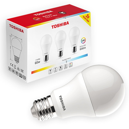 3x LED žárovka E27 A60 8.5W = 60W 806lm 4000K Neutrální bila TOSHIBA