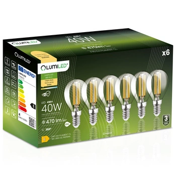 6x LED žárovka E14 Ball P45 4W = 40W 470lm 3000K Warm 360° FILAMENT LUMILED
