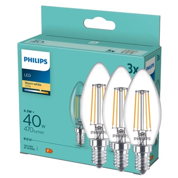 3x LED žárovka E14 Candle B35 4,3W = 40W 470lm 2700K Warm FILAMENT Philips