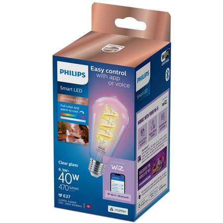 LED žárovka E27 ST64 6,3W = 40W CCT + RGB FILAMENT SMART WiFi Philips WiZ