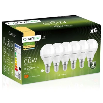 6x Žárovka LED E14, P40 8W = 60W 806lm 3000K Teplá bílá 180° LUMILED